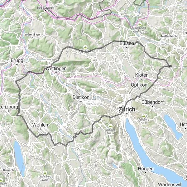 Miniaturní mapa "Cyklotrasa kolem Wallisellen - Monte Diggelmann - Oberwil - Ammerswil - Stutz - Baden - Bülach - Dättenberg - Ruine Wagenburg" inspirace pro cyklisty v oblasti Zürich, Switzerland. Vytvořeno pomocí plánovače tras Tarmacs.app