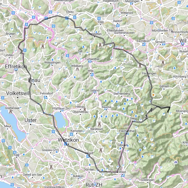 Miniatura della mappa di ispirazione al ciclismo "Viaggio alla Scoperta di Tesori Nascosti" nella regione di Zürich, Switzerland. Generata da Tarmacs.app, pianificatore di rotte ciclistiche