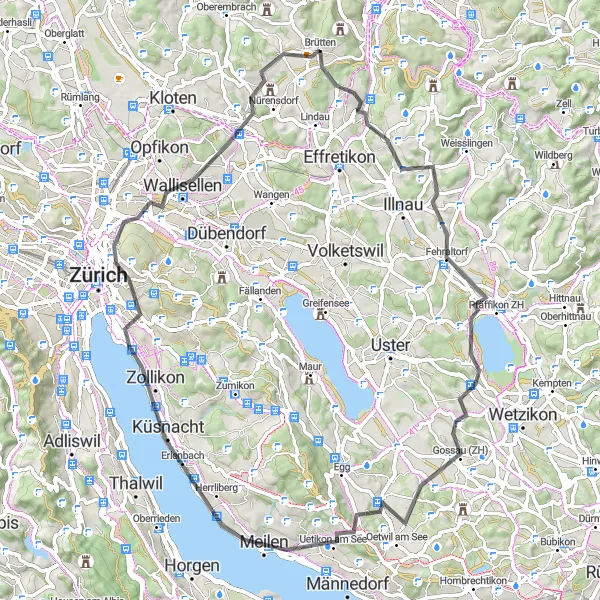 Map miniature of "Zurich Lake Ride" cycling inspiration in Zürich, Switzerland. Generated by Tarmacs.app cycling route planner