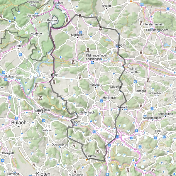 Zemljevid v pomanjšavi "Raziskovanje vinorodnega območja v bližini Züricha" kolesarske inspiracije v Zürich, Switzerland. Generirano z načrtovalcem kolesarskih poti Tarmacs.app