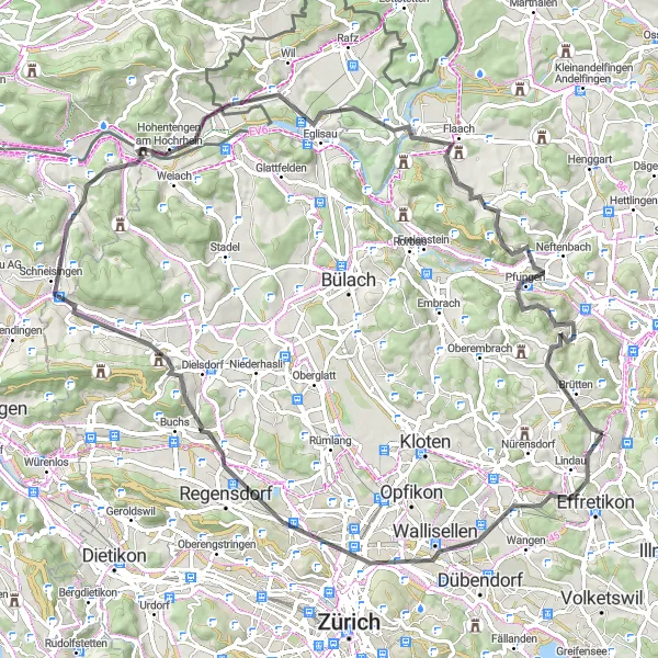 Map miniature of "The Road Cycling Challenge" cycling inspiration in Zürich, Switzerland. Generated by Tarmacs.app cycling route planner