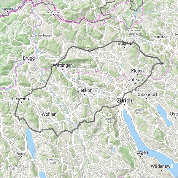 Miniatua del mapa de inspiración ciclista "Aventura en bicicleta por Zürich y sus alrededores" en Zürich, Switzerland. Generado por Tarmacs.app planificador de rutas ciclistas