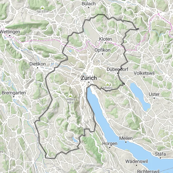 Map miniature of "A Challenging Road Cycling Route from Brütten to Zurich" cycling inspiration in Zürich, Switzerland. Generated by Tarmacs.app cycling route planner