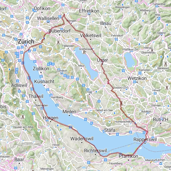 Miniatura della mappa di ispirazione al ciclismo "Tour in bicicletta tra Uster, Rapperswil e Horgen" nella regione di Zürich, Switzerland. Generata da Tarmacs.app, pianificatore di rotte ciclistiche