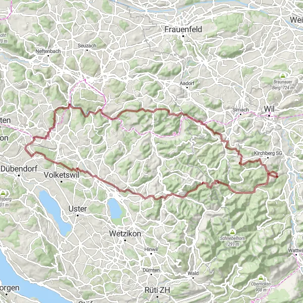 Miniatua del mapa de inspiración ciclista "Aventura en Bicicleta por Lindau-Tüfels Chilen-Mühlrüti-Silberbüel-Dürstelen-Wangen" en Zürich, Switzerland. Generado por Tarmacs.app planificador de rutas ciclistas