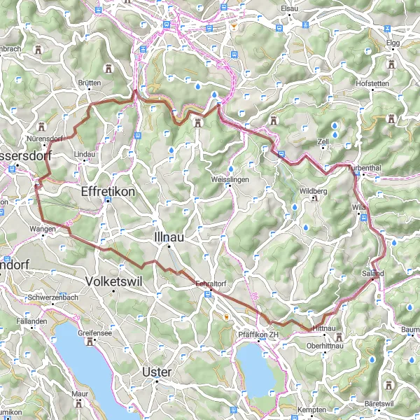 Miniatura della mappa di ispirazione al ciclismo "Giro in bicicletta attraverso Mülberg, Schloss Nürensdorf e Saland" nella regione di Zürich, Switzerland. Generata da Tarmacs.app, pianificatore di rotte ciclistiche