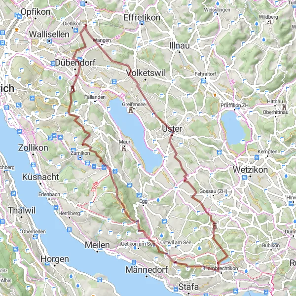 Miniatua del mapa de inspiración ciclista "Ruta de gravel a través de Uster y Grüningen" en Zürich, Switzerland. Generado por Tarmacs.app planificador de rutas ciclistas
