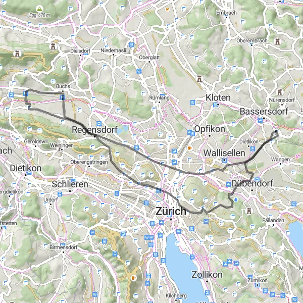 Miniatua del mapa de inspiración ciclista "Aventura en Aussichtsturm y Hönggerberg" en Zürich, Switzerland. Generado por Tarmacs.app planificador de rutas ciclistas