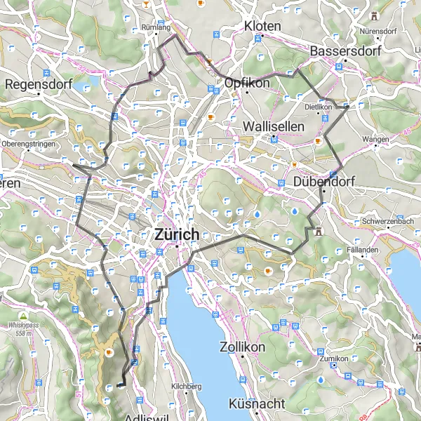 Miniatua del mapa de inspiración ciclista "Ruta Escénica por Dübendorf-Leimbach-Entlisberg-Dietlikon" en Zürich, Switzerland. Generado por Tarmacs.app planificador de rutas ciclistas