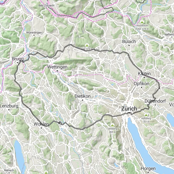 Miniatuurkaart van de fietsinspiratie "Uitdagend Weg Rondje langs Zürich en Kloten" in Zürich, Switzerland. Gemaakt door de Tarmacs.app fietsrouteplanner