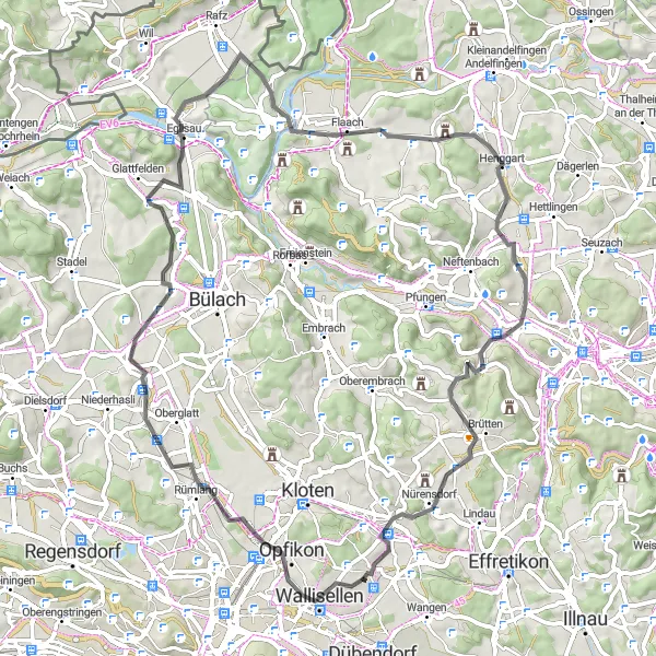 Miniaturekort af cykelinspirationen "Historisk landevejscykelrute til Henggart" i Zürich, Switzerland. Genereret af Tarmacs.app cykelruteplanlægger
