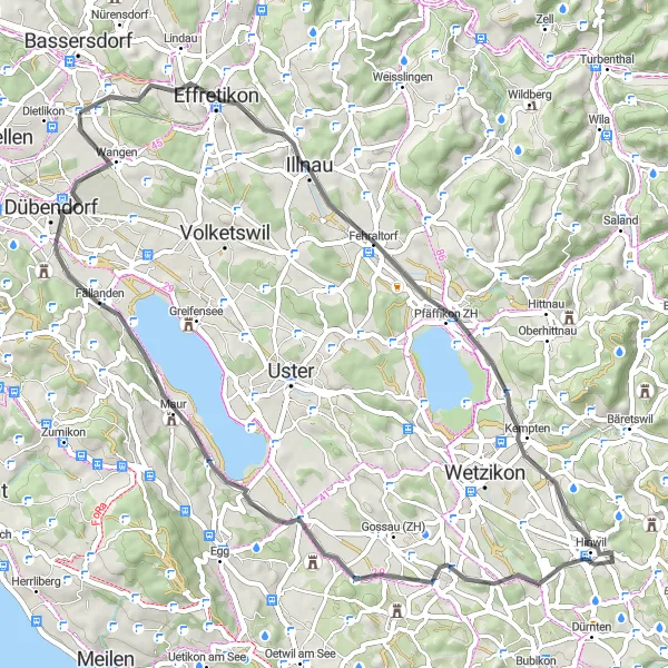 Miniatua del mapa de inspiración ciclista "Ruta a través de Birchen y landsberg" en Zürich, Switzerland. Generado por Tarmacs.app planificador de rutas ciclistas