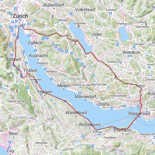 Kartminiatyr av "Grusvei-eventyr rundt Zürichsjøen" sykkelinspirasjon i Zürich, Switzerland. Generert av Tarmacs.app sykkelrutoplanlegger