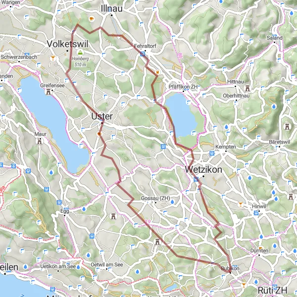 Miniaturní mapa "Gravelový okruh kolem Grüningenu a Usteru" inspirace pro cyklisty v oblasti Zürich, Switzerland. Vytvořeno pomocí plánovače tras Tarmacs.app