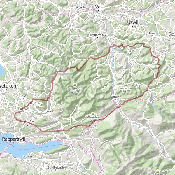 Miniatua del mapa de inspiración ciclista "Ruta de ciclismo de grava desde Bubikon a St. Gallenkappel" en Zürich, Switzerland. Generado por Tarmacs.app planificador de rutas ciclistas