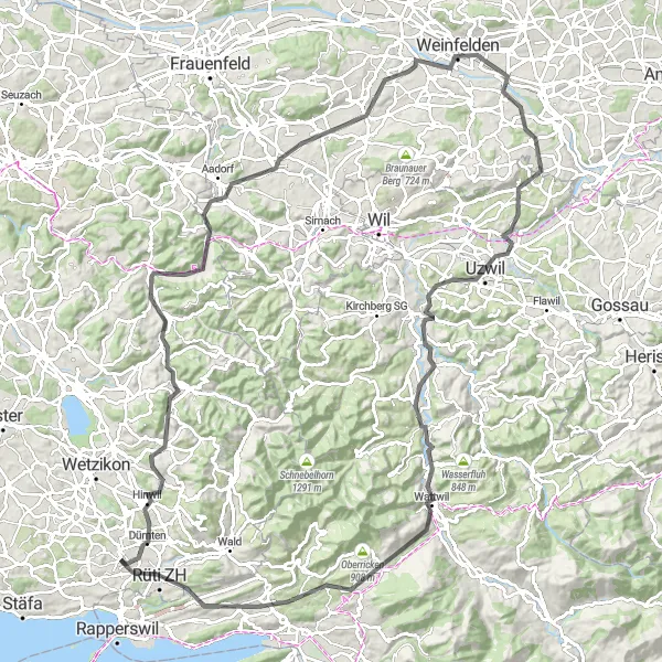 Miniaturní mapa "Okruh kolem Bubikonu až do Rüti ZH" inspirace pro cyklisty v oblasti Zürich, Switzerland. Vytvořeno pomocí plánovače tras Tarmacs.app