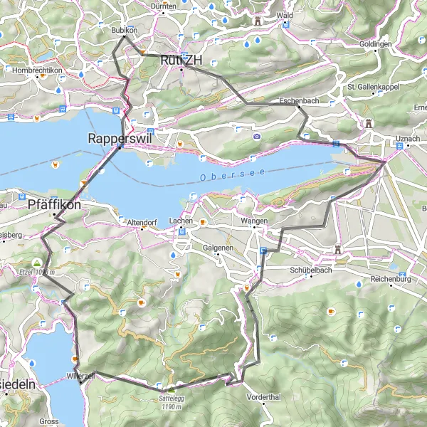 Zemljevid v pomanjšavi "Gravel route through picturesque Swiss villages" kolesarske inspiracije v Zürich, Switzerland. Generirano z načrtovalcem kolesarskih poti Tarmacs.app