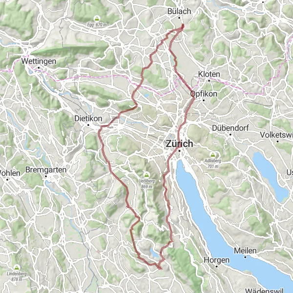 Karttaminiaatyyri "Gravel-reitti Bülachin lähistöllä" pyöräilyinspiraatiosta alueella Zürich, Switzerland. Luotu Tarmacs.app pyöräilyreittisuunnittelijalla
