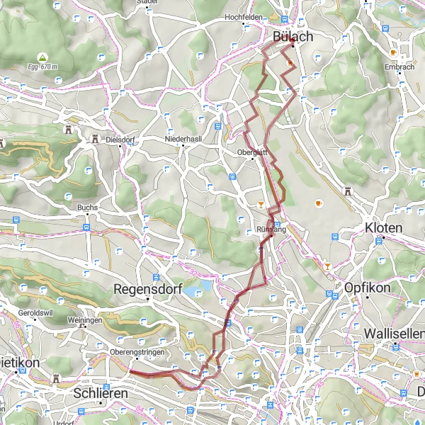 Mapa miniatúra "Gravelová trasa Rümlang - Bülach" cyklistická inšpirácia v Zürich, Switzerland. Vygenerované cyklistickým plánovačom trás Tarmacs.app