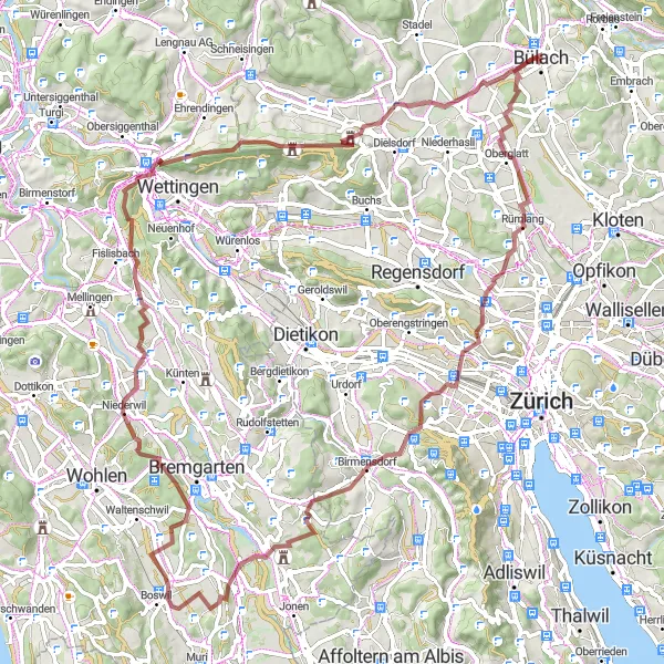 Miniaturní mapa "Gravel cesta kolem okolí Bülachu" inspirace pro cyklisty v oblasti Zürich, Switzerland. Vytvořeno pomocí plánovače tras Tarmacs.app
