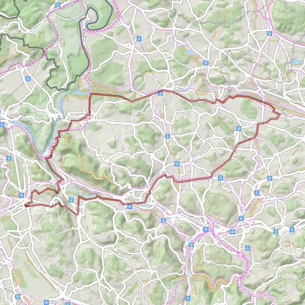 Mapa miniatúra "Gravel cyklotúra cez Andelfingen" cyklistická inšpirácia v Zürich, Switzerland. Vygenerované cyklistickým plánovačom trás Tarmacs.app