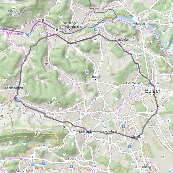 Karttaminiaatyyri "Pyöräilyreitti Niederhaslista Bülachiin" pyöräilyinspiraatiosta alueella Zürich, Switzerland. Luotu Tarmacs.app pyöräilyreittisuunnittelijalla