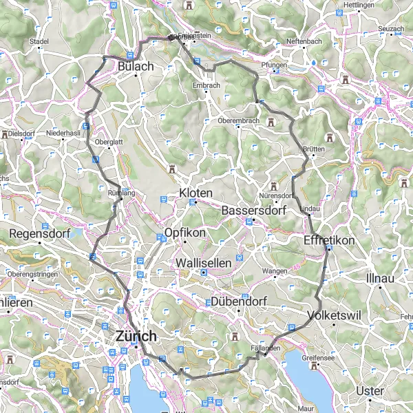 Mapa miniatúra "Cyklotrasa Ottenberg - Hochfelden" cyklistická inšpirácia v Zürich, Switzerland. Vygenerované cyklistickým plánovačom trás Tarmacs.app
