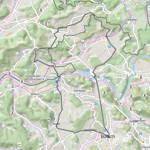 Miniaturní mapa "Cyklotrasa přes Rafz a Honegg Buchberg" inspirace pro cyklisty v oblasti Zürich, Switzerland. Vytvořeno pomocí plánovače tras Tarmacs.app