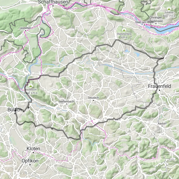 Miniatua del mapa de inspiración ciclista "Ruta de ciclismo de carretera Ebersberg-Bülach-Oberembrach" en Zürich, Switzerland. Generado por Tarmacs.app planificador de rutas ciclistas