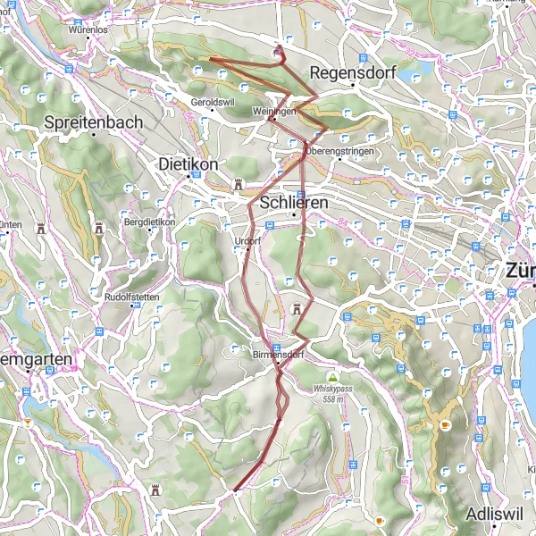 Miniatura della mappa di ispirazione al ciclismo "Giro in Gravel tra Dällikon e Arni" nella regione di Zürich, Switzerland. Generata da Tarmacs.app, pianificatore di rotte ciclistiche