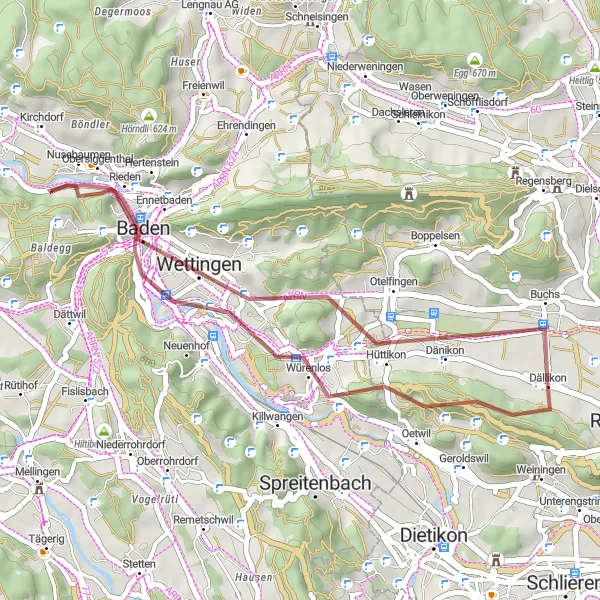 Kartminiatyr av "Grusvei sykling rundt Dällikon" sykkelinspirasjon i Zürich, Switzerland. Generert av Tarmacs.app sykkelrutoplanlegger