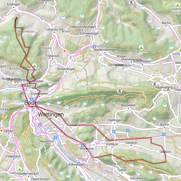 Miniatura della mappa di ispirazione al ciclismo "Giro in Gravel attraverso Sulperg e Wettingen" nella regione di Zürich, Switzerland. Generata da Tarmacs.app, pianificatore di rotte ciclistiche