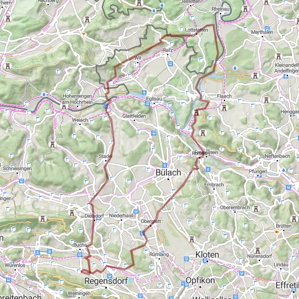Kartminiatyr av "Dielsdorf - Heitlig - Wil - Rüdlingen - Hochwacht Irchel - Dättenberg - Oberglatt - Dällikon" sykkelinspirasjon i Zürich, Switzerland. Generert av Tarmacs.app sykkelrutoplanlegger