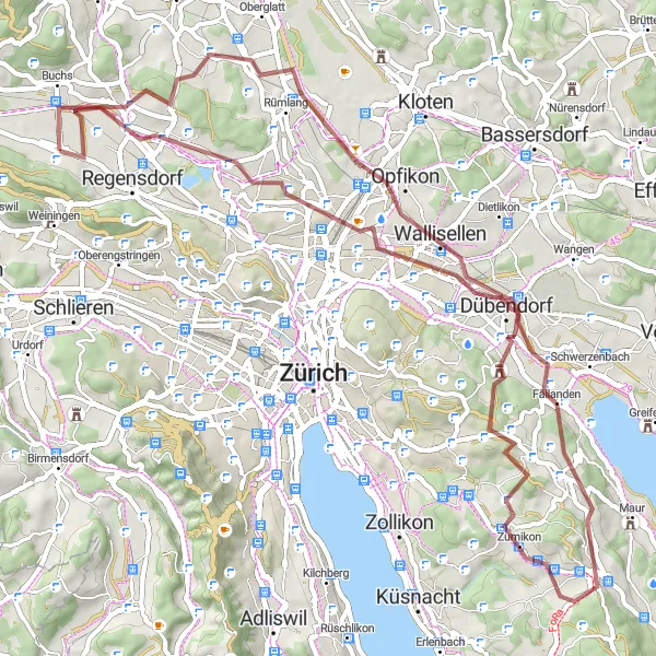 Miniaturní mapa "Gravel Trasa přes Seebach, Guglen až do Buchs" inspirace pro cyklisty v oblasti Zürich, Switzerland. Vytvořeno pomocí plánovače tras Tarmacs.app