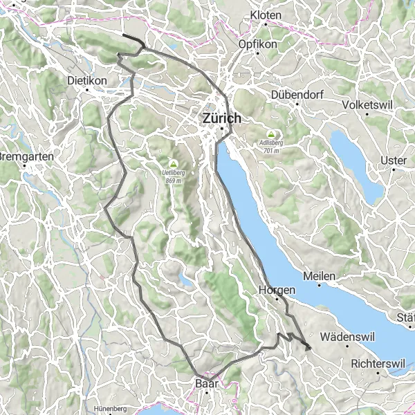 Zemljevid v pomanjšavi "Krožna kolesarska pot skozi Zürich" kolesarske inspiracije v Zürich, Switzerland. Generirano z načrtovalcem kolesarskih poti Tarmacs.app