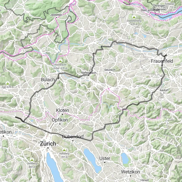 Miniatua del mapa de inspiración ciclista "Ruta de ciclismo de carretera desde Dällikon" en Zürich, Switzerland. Generado por Tarmacs.app planificador de rutas ciclistas