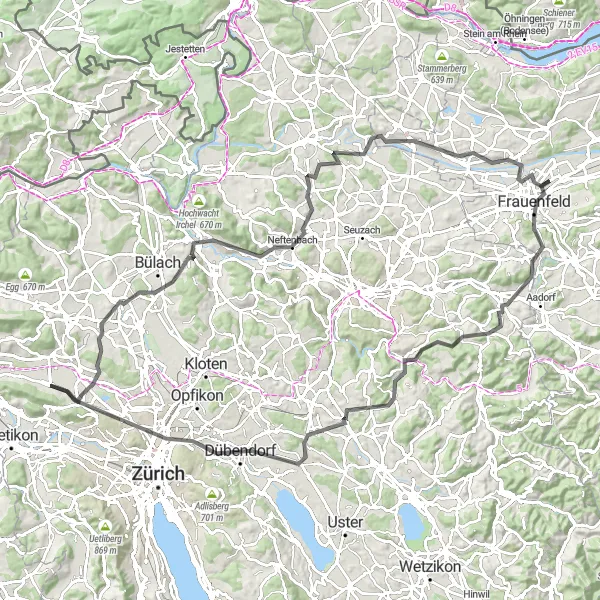 Map miniature of "Zurich Countryside Delight" cycling inspiration in Zürich, Switzerland. Generated by Tarmacs.app cycling route planner