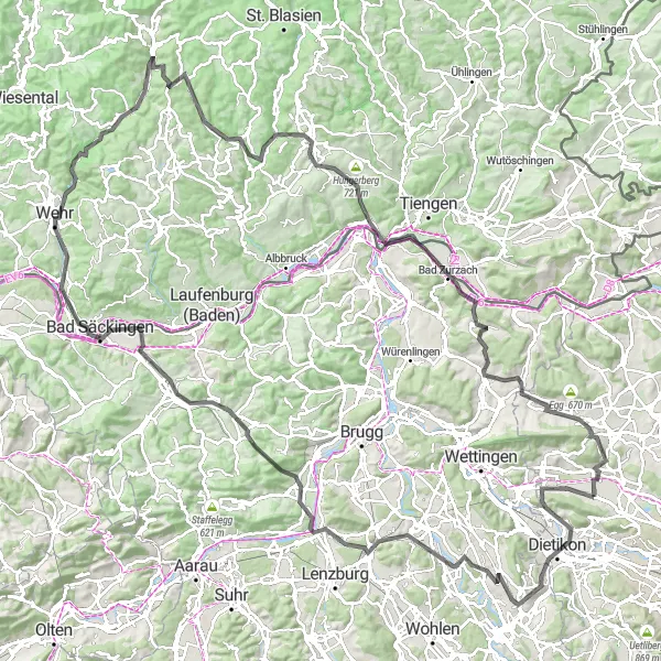 Miniatura della mappa di ispirazione al ciclismo "Giro in bicicletta da Dällikon a Koblenz e ritorno" nella regione di Zürich, Switzerland. Generata da Tarmacs.app, pianificatore di rotte ciclistiche