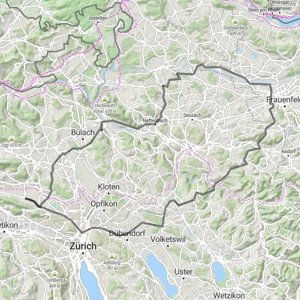 Miniatuurkaart van de fietsinspiratie "Uitdagende tocht naar Hönggerberg en Adlikon b. Andelfingen" in Zürich, Switzerland. Gemaakt door de Tarmacs.app fietsrouteplanner