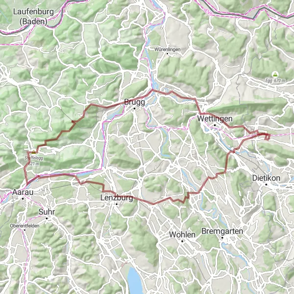 Karttaminiaatyyri "Gravel-reitti Heitersbergpassilta Wettingeniin" pyöräilyinspiraatiosta alueella Zürich, Switzerland. Luotu Tarmacs.app pyöräilyreittisuunnittelijalla