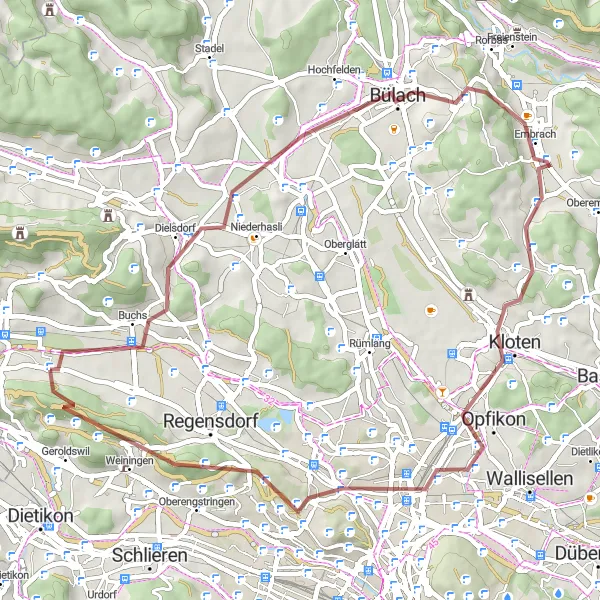 Zemljevid v pomanjšavi "Gravel kolesarska avantura z razgledi na Bülach in Altberg" kolesarske inspiracije v Zürich, Switzerland. Generirano z načrtovalcem kolesarskih poti Tarmacs.app