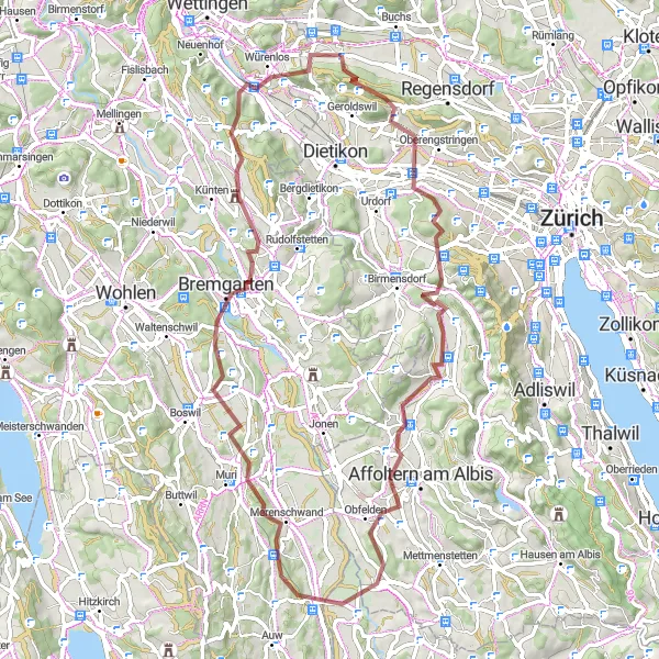 Zemljevid v pomanjšavi "Scenic gravel adventure near Zurich" kolesarske inspiracije v Zürich, Switzerland. Generirano z načrtovalcem kolesarskih poti Tarmacs.app