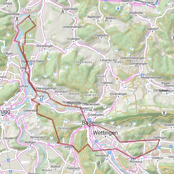 Miniatura della mappa di ispirazione al ciclismo "Gravel intorno a Dänikon" nella regione di Zürich, Switzerland. Generata da Tarmacs.app, pianificatore di rotte ciclistiche