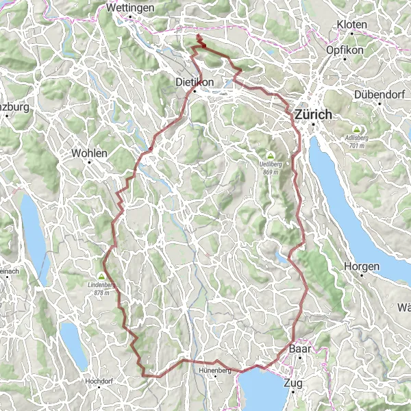 Miniatuurkaart van de fietsinspiratie "Grindwegen van Zürich" in Zürich, Switzerland. Gemaakt door de Tarmacs.app fietsrouteplanner