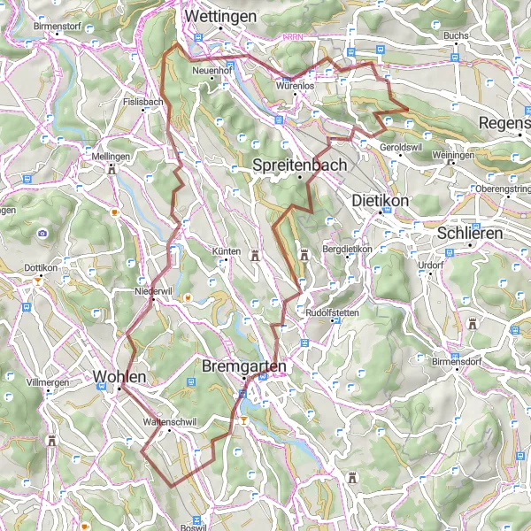 Zemljevid v pomanjšavi "Gravelska dogodivščina preko Heitersberga in Niederwila" kolesarske inspiracije v Zürich, Switzerland. Generirano z načrtovalcem kolesarskih poti Tarmacs.app