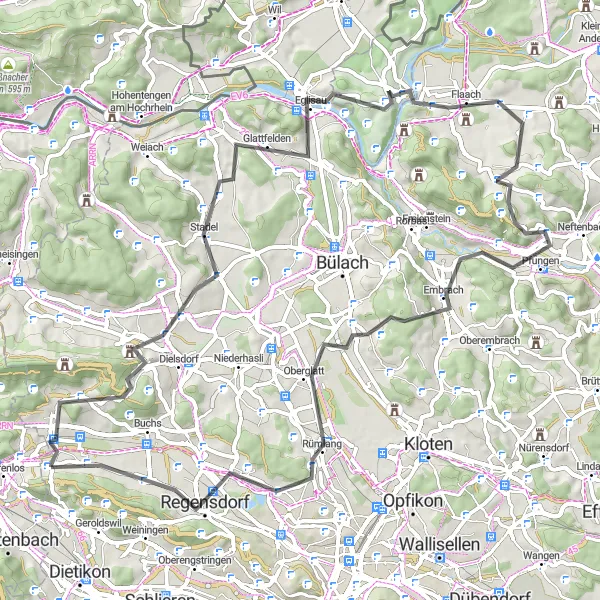 Karttaminiaatyyri "Boppelsen ja Regensdorf" pyöräilyinspiraatiosta alueella Zürich, Switzerland. Luotu Tarmacs.app pyöräilyreittisuunnittelijalla