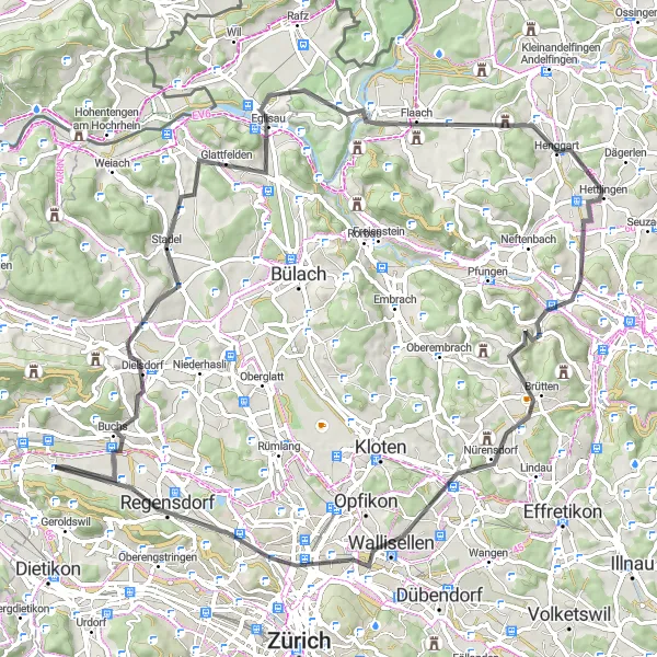 Zemljevid v pomanjšavi "Krožna kolesarska pot s panoramskimi razgledi na Gibisnüt in Altberg" kolesarske inspiracije v Zürich, Switzerland. Generirano z načrtovalcem kolesarskih poti Tarmacs.app