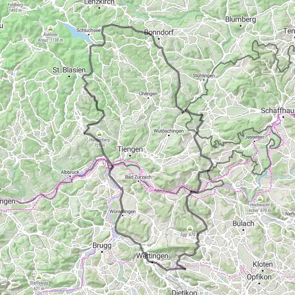 Miniaturekort af cykelinspirationen "Landevejscykelrute til Trasadingen" i Zürich, Switzerland. Genereret af Tarmacs.app cykelruteplanlægger