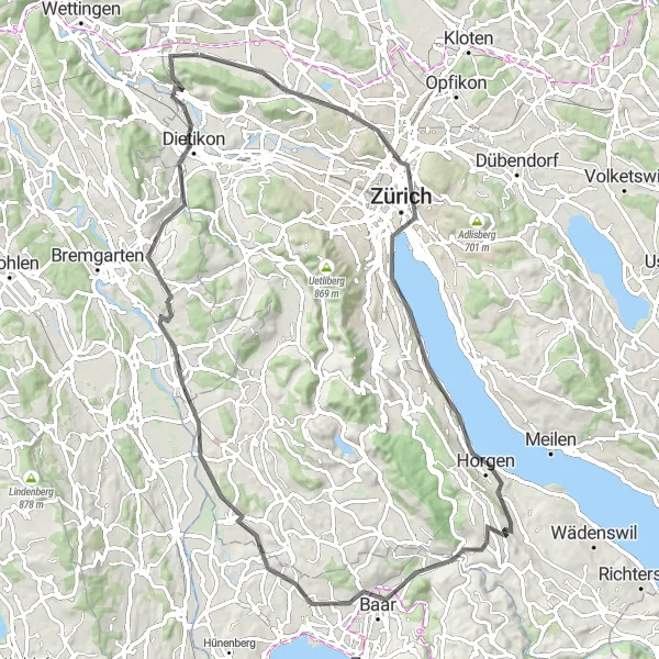 Zemljevid v pomanjšavi "Krožna cestna pot preko Thalwila in Baarburškega gradu" kolesarske inspiracije v Zürich, Switzerland. Generirano z načrtovalcem kolesarskih poti Tarmacs.app