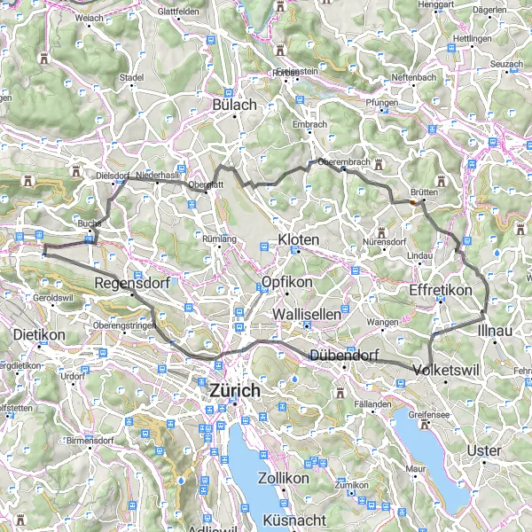Miniaturekort af cykelinspirationen "Landevejscykel rute til Niederhasli, Brütten og Dällikon" i Zürich, Switzerland. Genereret af Tarmacs.app cykelruteplanlægger